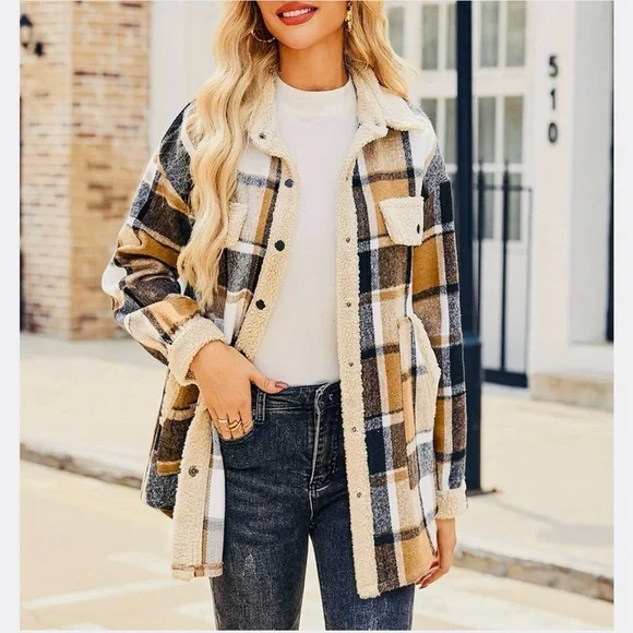 Plaid Sherpa-Trim Teddy Jacket in Beige & Black - Picture 2 of 8